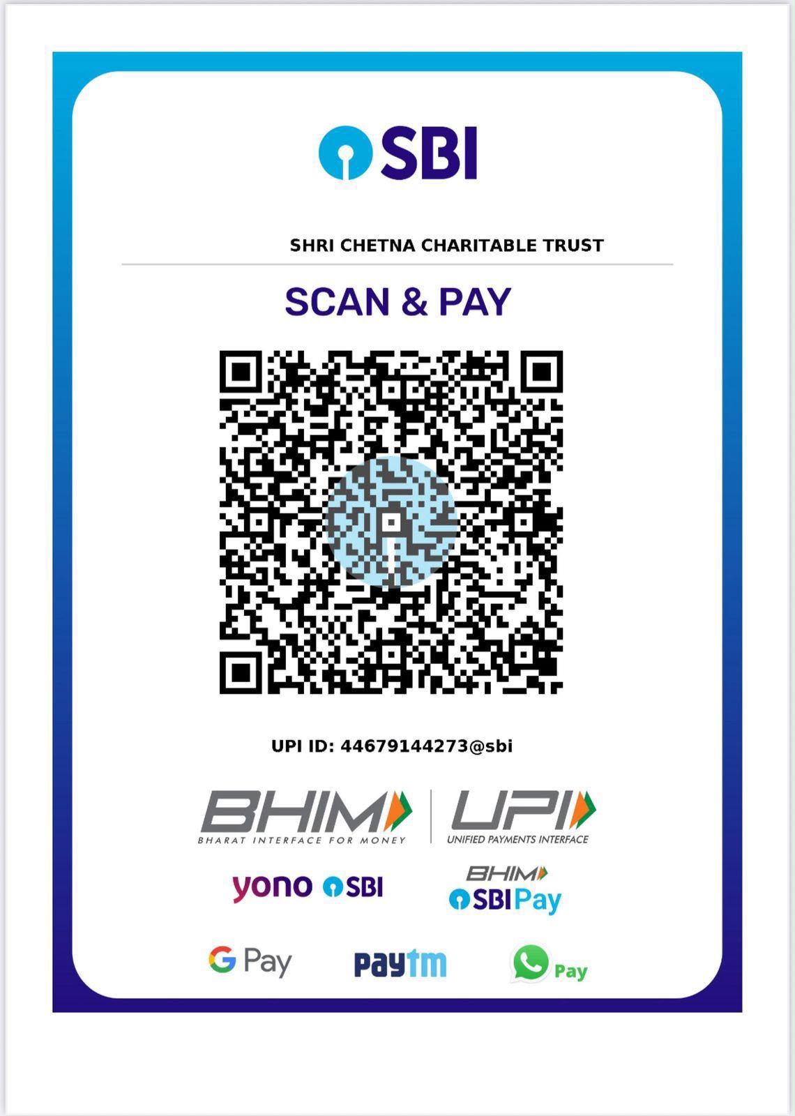 Scan to donate via UPI to Shri Chetna Charitable Trust